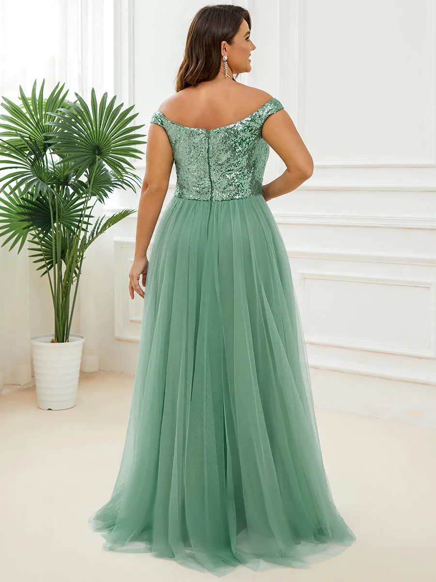 Plus Size Wholesale High Waist Tulle & Sequin Sleeveless Evening Dress