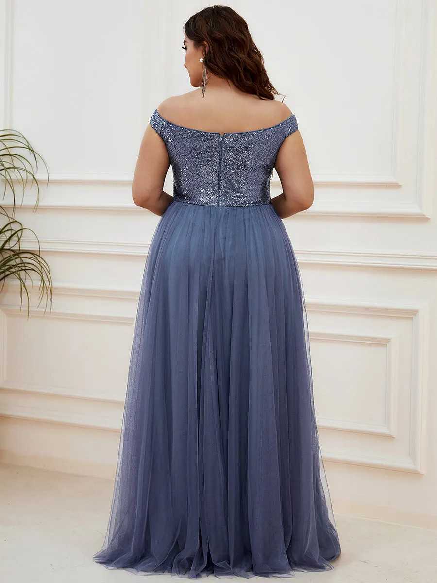 Plus Size Wholesale High Waist Tulle & Sequin Sleeveless Evening Dress