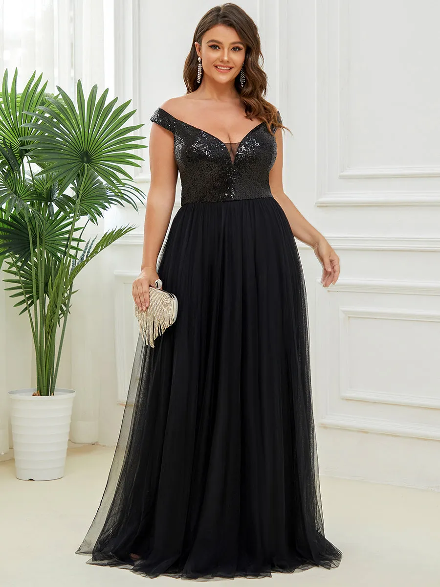 Plus Size Wholesale High Waist Tulle & Sequin Sleeveless Evening Dress