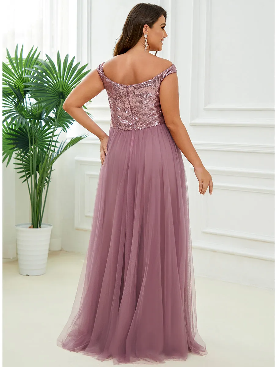 Plus Size Wholesale High Waist Tulle & Sequin Sleeveless Evening Dress