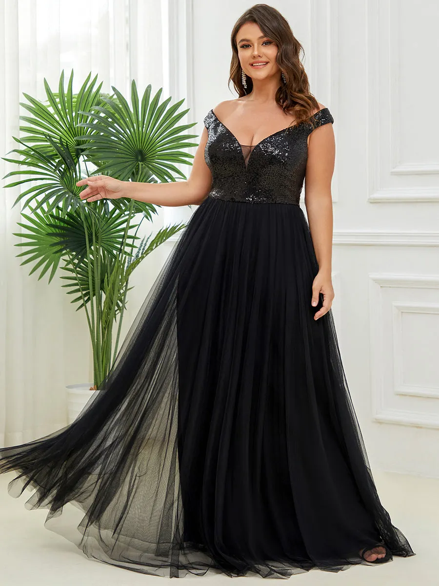 Plus Size Wholesale High Waist Tulle & Sequin Sleeveless Evening Dress