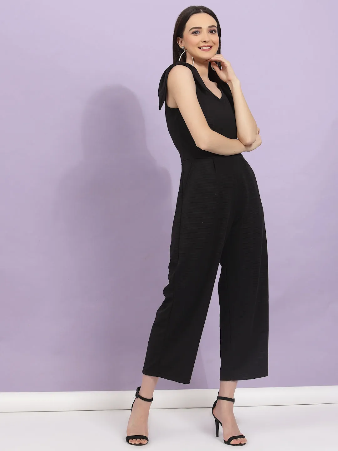 Poly Corduroy V Neck Tie-up Straps Jumpsuit