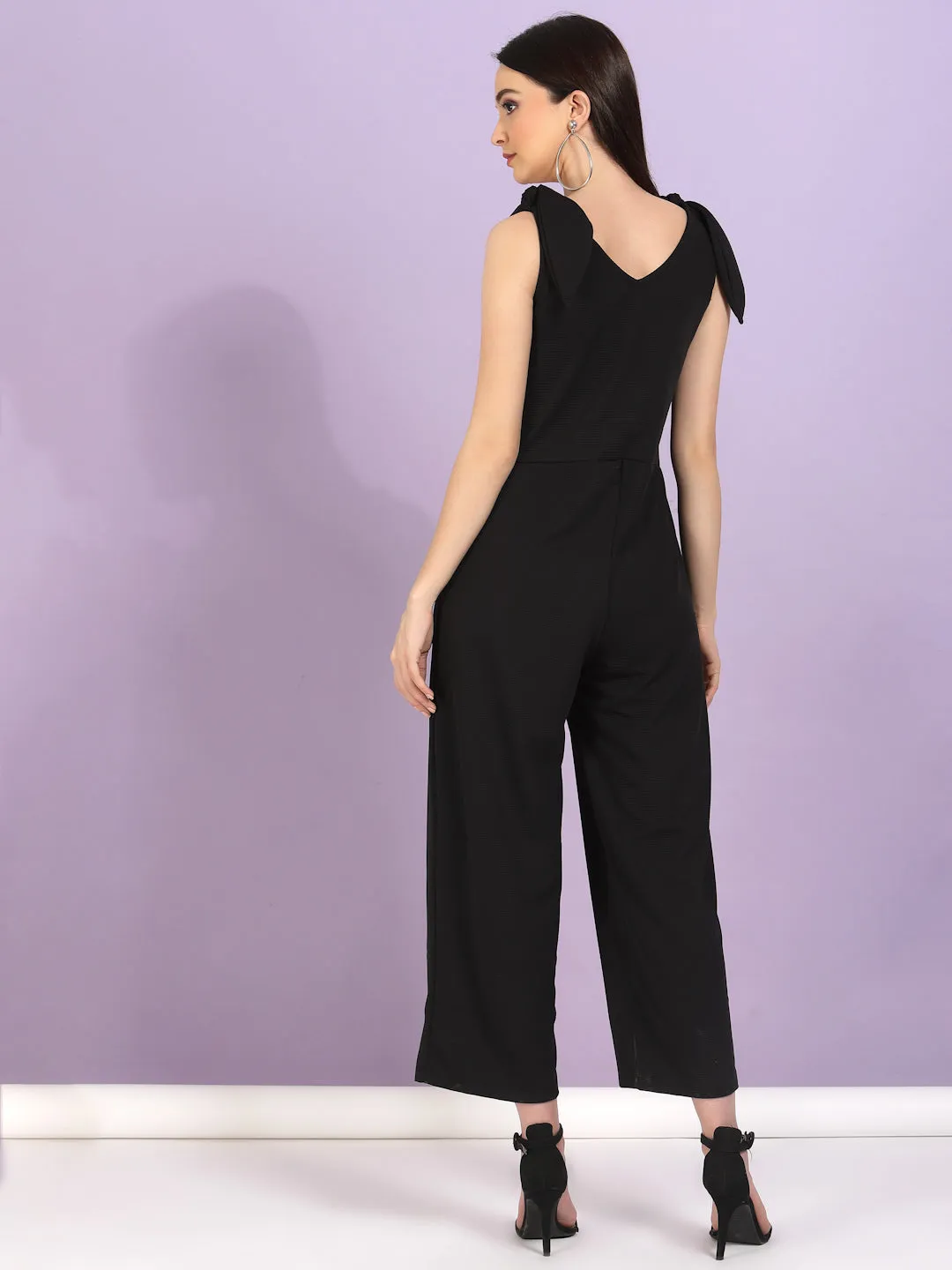 Poly Corduroy V Neck Tie-up Straps Jumpsuit