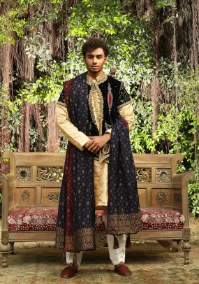 Premium Velvet Blue Talpuri Waistcoat along with Jamawar Suit and Shawl