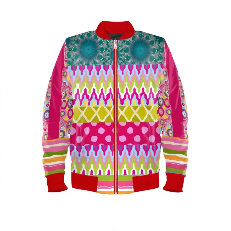 Red Calypso Patchwork Unisex Satin Bomber Jacket