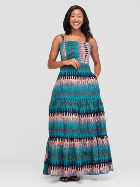 Safari Anga Strappy Tie Back Maxi Dress - Teal / Brown Ankara Print