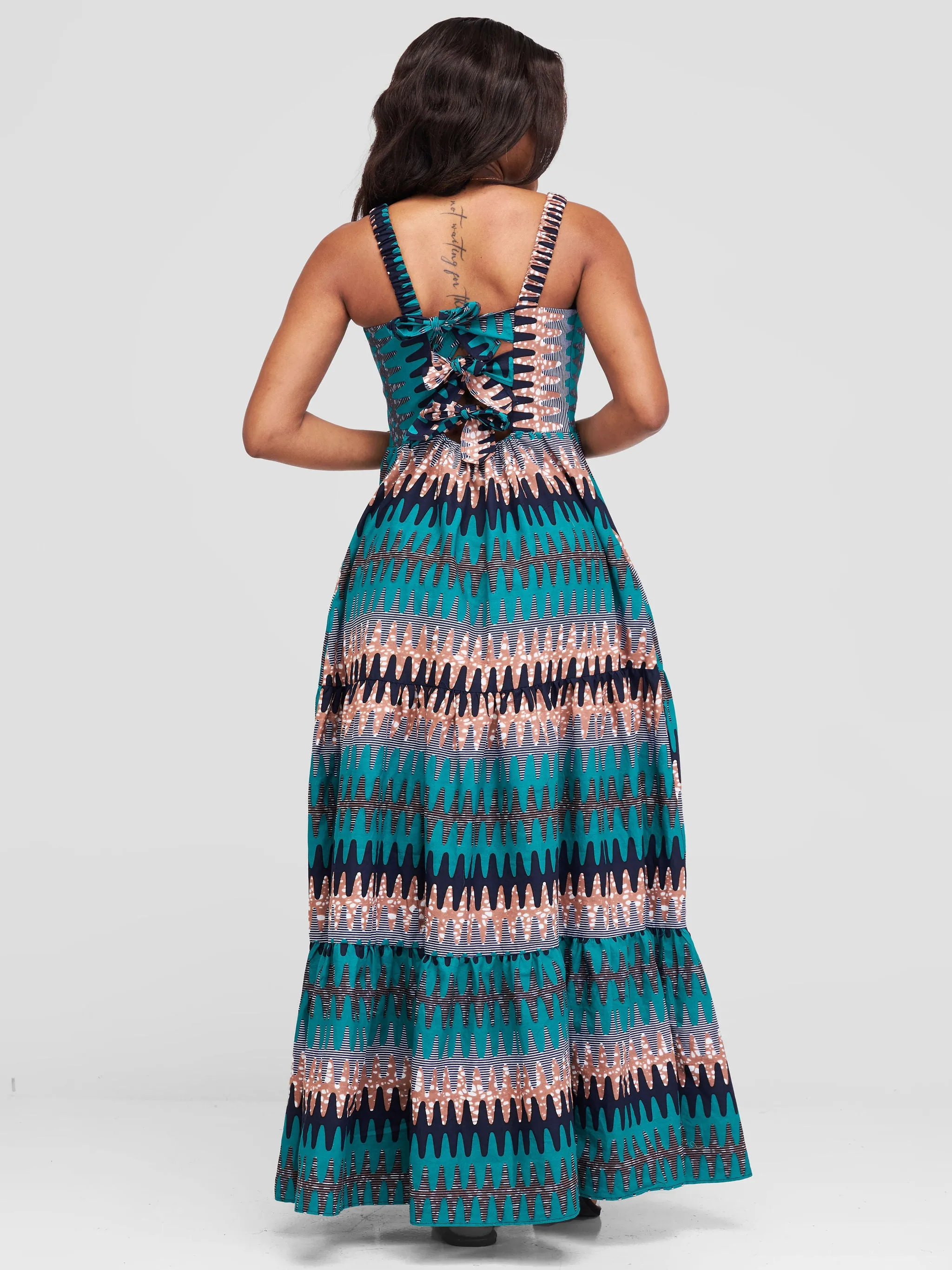 Safari Anga Strappy Tie Back Maxi Dress - Teal / Brown Ankara Print