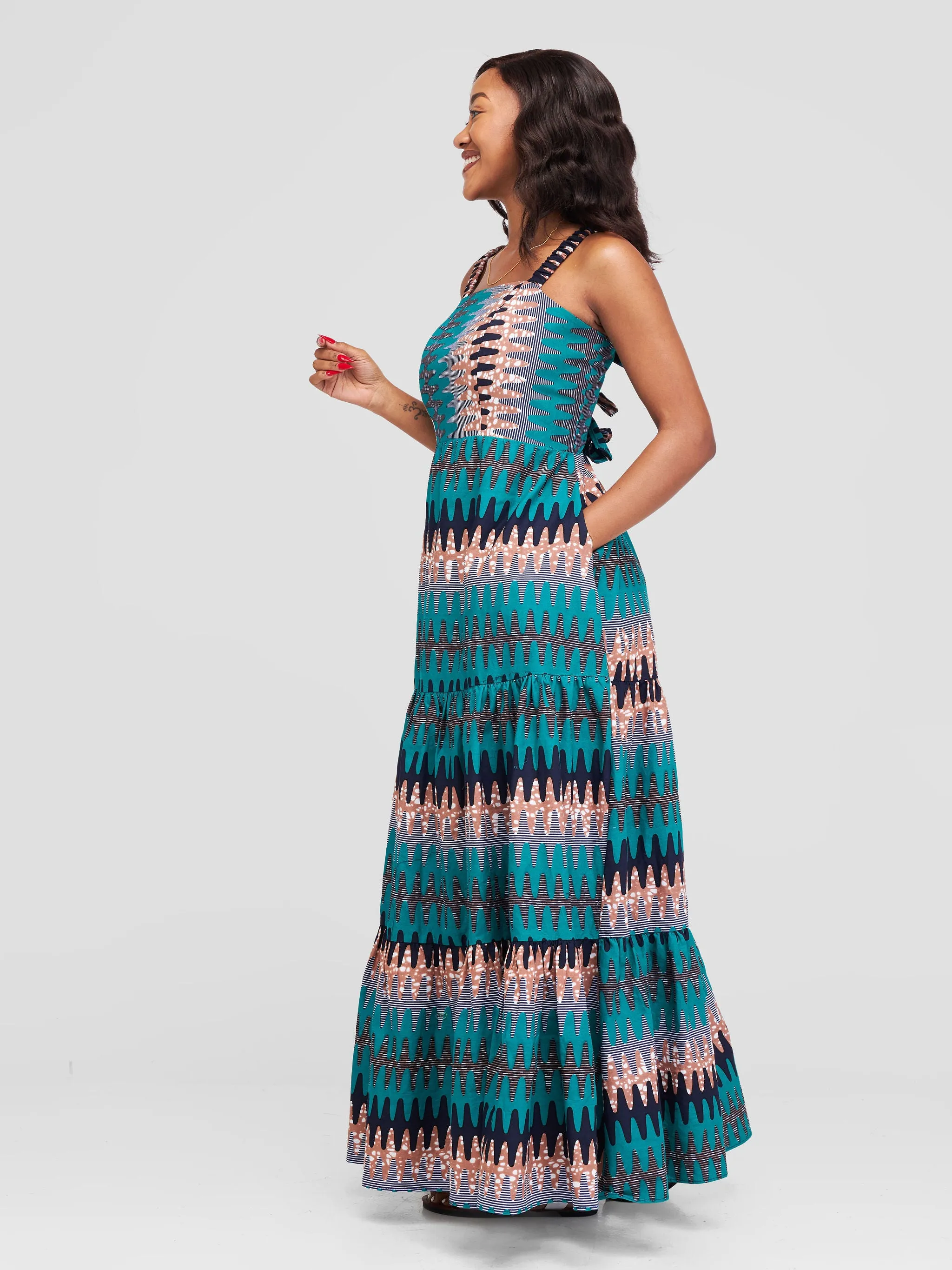 Safari Anga Strappy Tie Back Maxi Dress - Teal / Brown Ankara Print