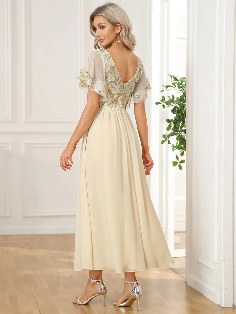 Short Ruffles Sleeves V Neck Wholesale Mother of the Bride Dresses