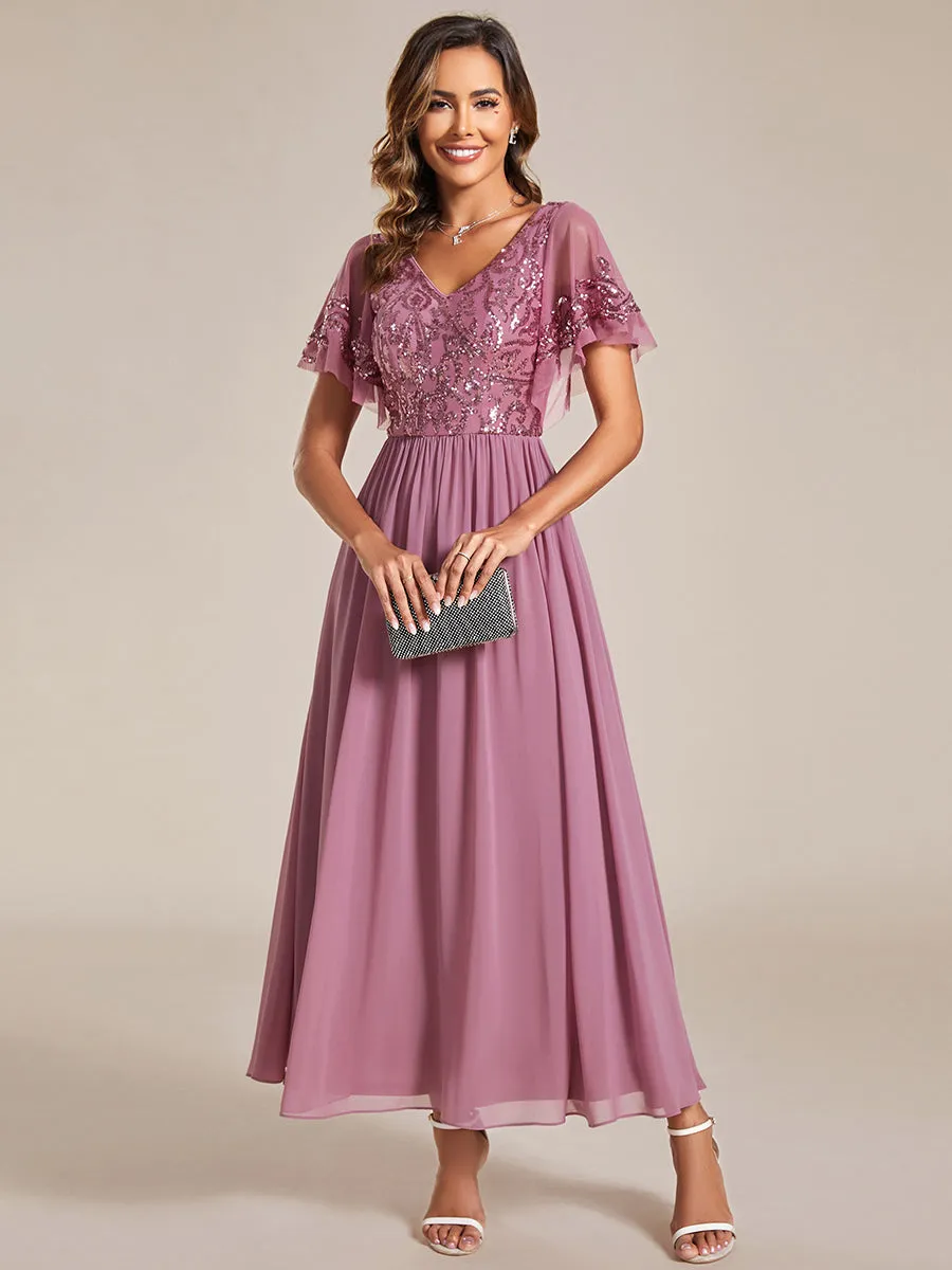 Short Ruffles Sleeves V Neck Wholesale Mother of the Bride Dresses