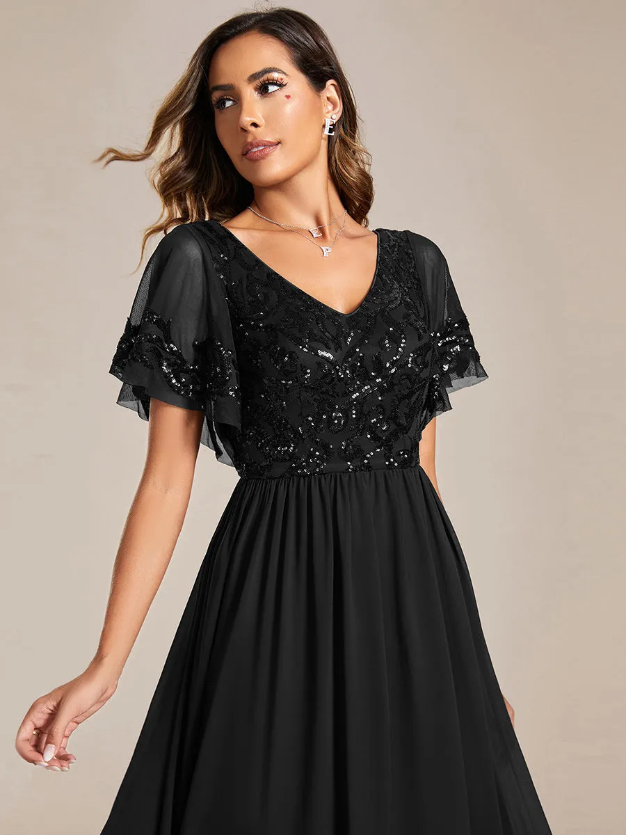 Short Ruffles Sleeves V Neck Wholesale Mother of the Bride Dresses