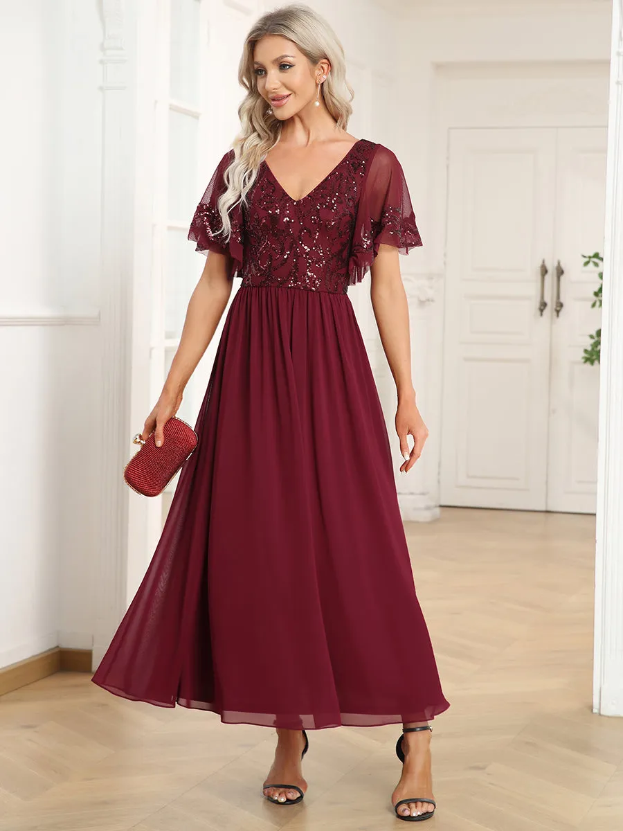 Short Ruffles Sleeves V Neck Wholesale Mother of the Bride Dresses