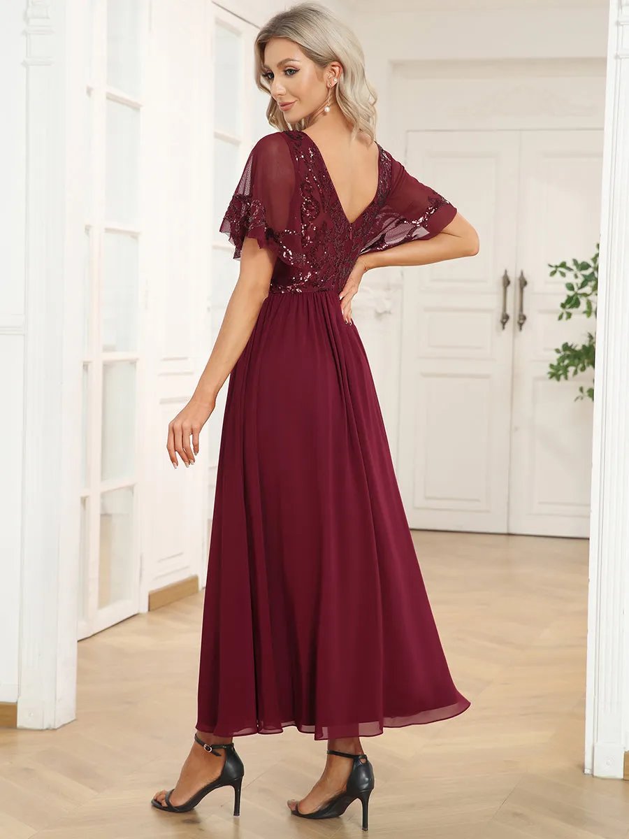 Short Ruffles Sleeves V Neck Wholesale Mother of the Bride Dresses