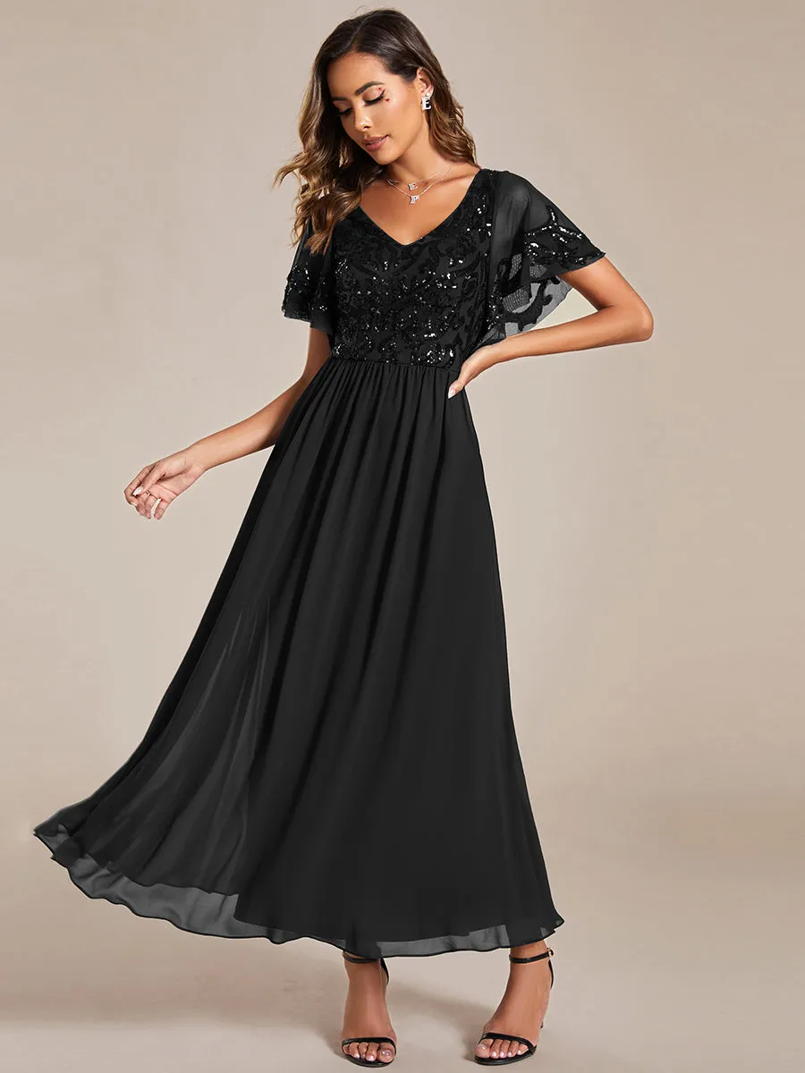 Short Ruffles Sleeves V Neck Wholesale Mother of the Bride Dresses