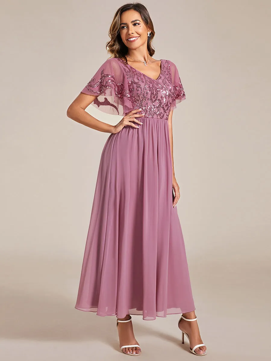 Short Ruffles Sleeves V Neck Wholesale Mother of the Bride Dresses