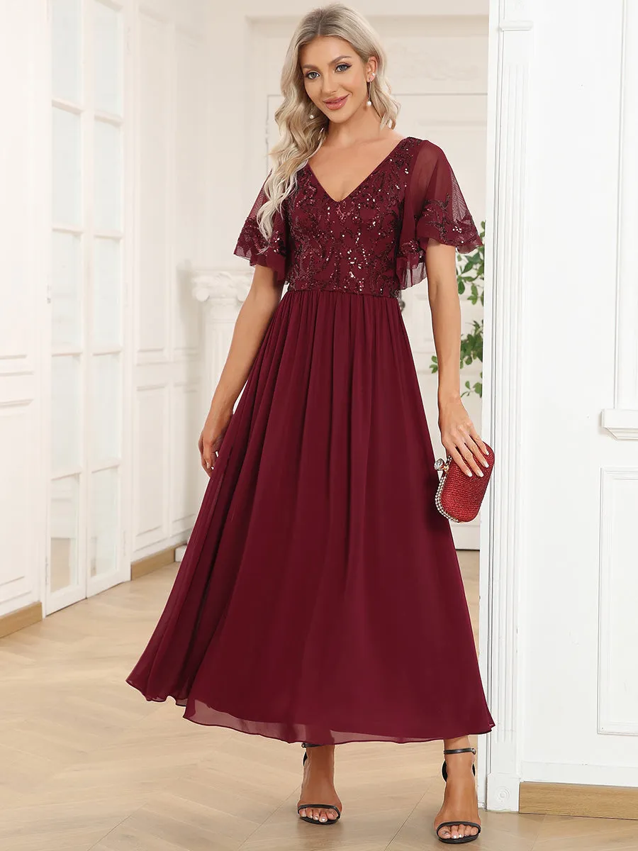 Short Ruffles Sleeves V Neck Wholesale Mother of the Bride Dresses