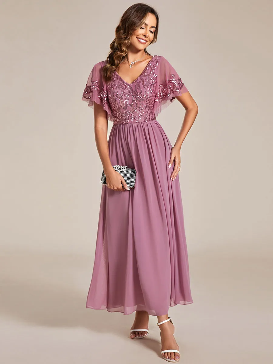 Short Ruffles Sleeves V Neck Wholesale Mother of the Bride Dresses