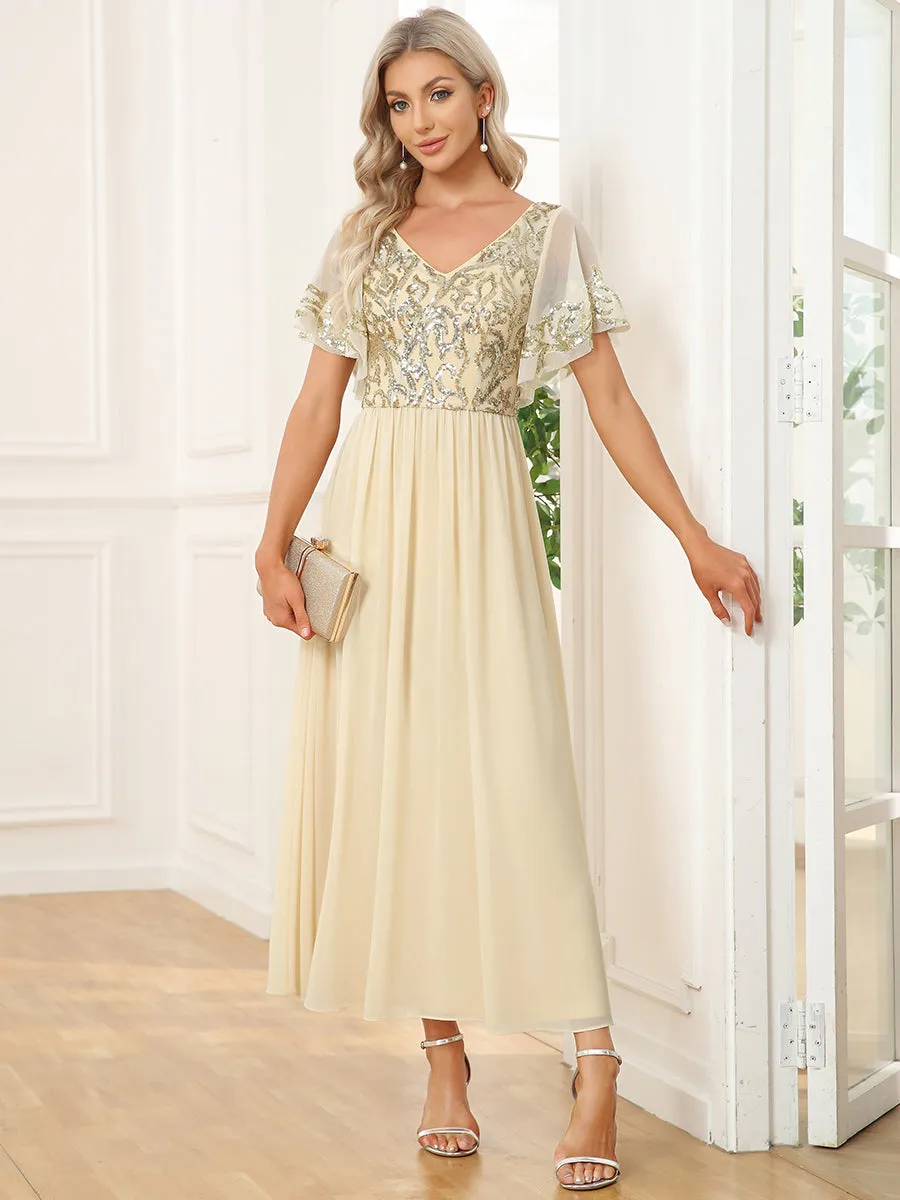 Short Ruffles Sleeves V Neck Wholesale Mother of the Bride Dresses