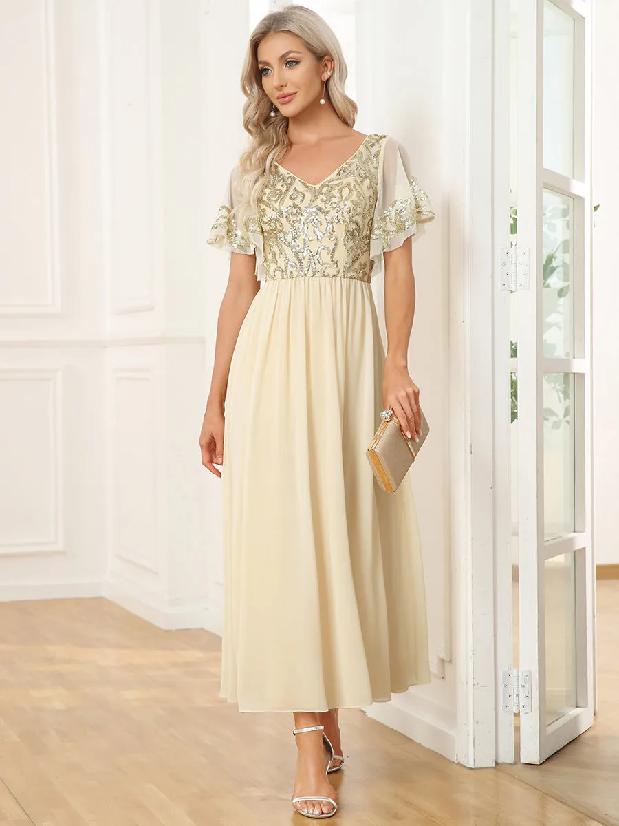 Short Ruffles Sleeves V Neck Wholesale Mother of the Bride Dresses