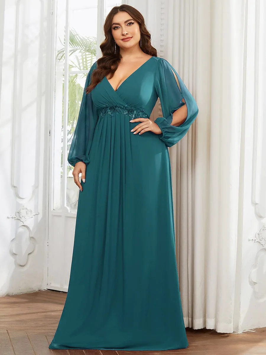 Stylish Plus Size Chiffon Formal Evening Dresses with Long Lantern Sleeves