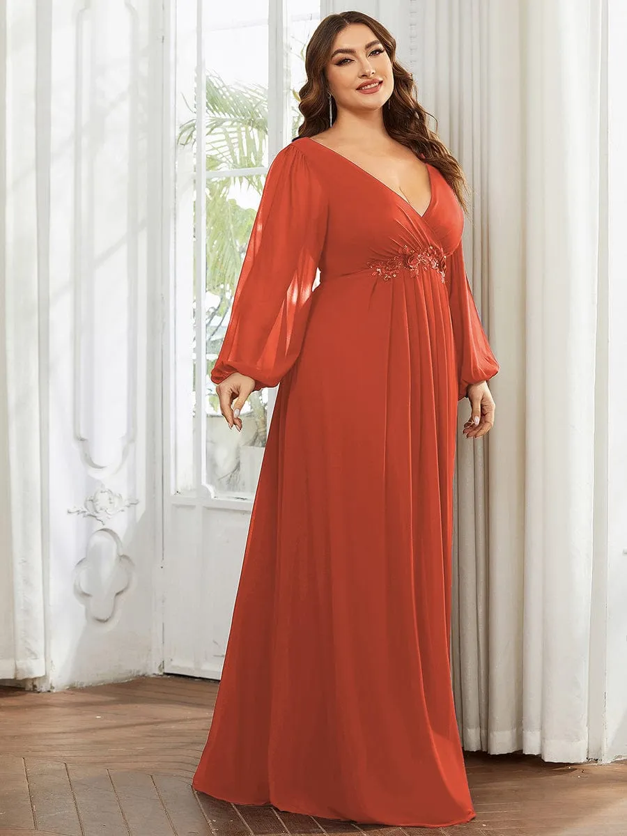 Stylish Plus Size Chiffon Formal Evening Dresses with Long Lantern Sleeves