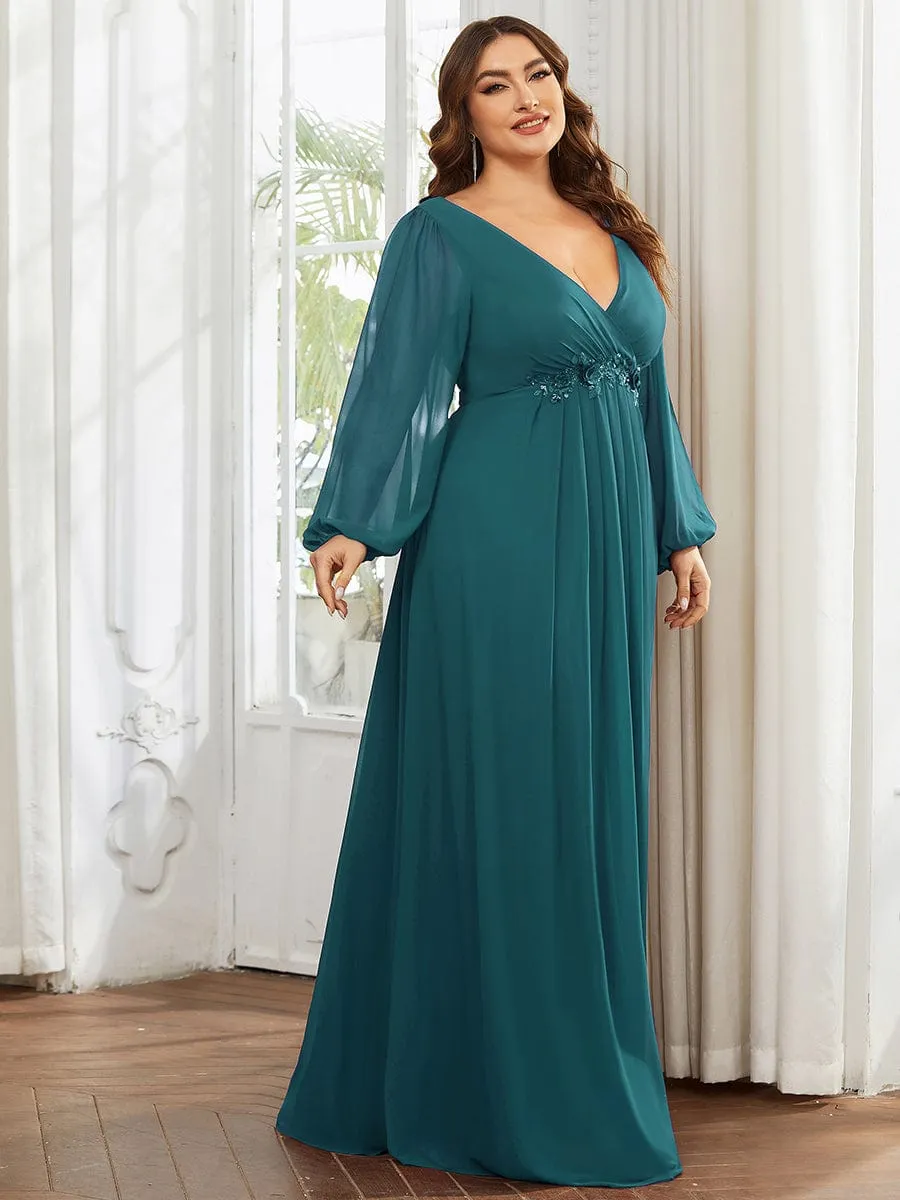 Stylish Plus Size Chiffon Formal Evening Dresses with Long Lantern Sleeves