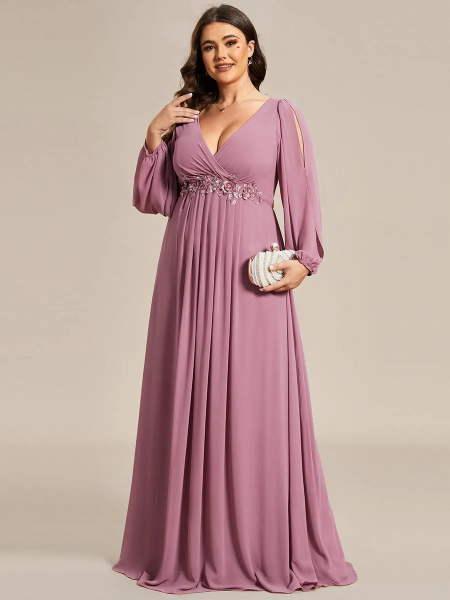 Stylish Plus Size Chiffon Formal Evening Dresses with Long Lantern Sleeves