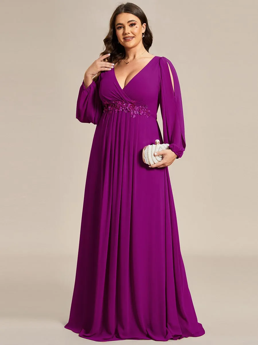 Stylish Plus Size Chiffon Formal Evening Dresses with Long Lantern Sleeves