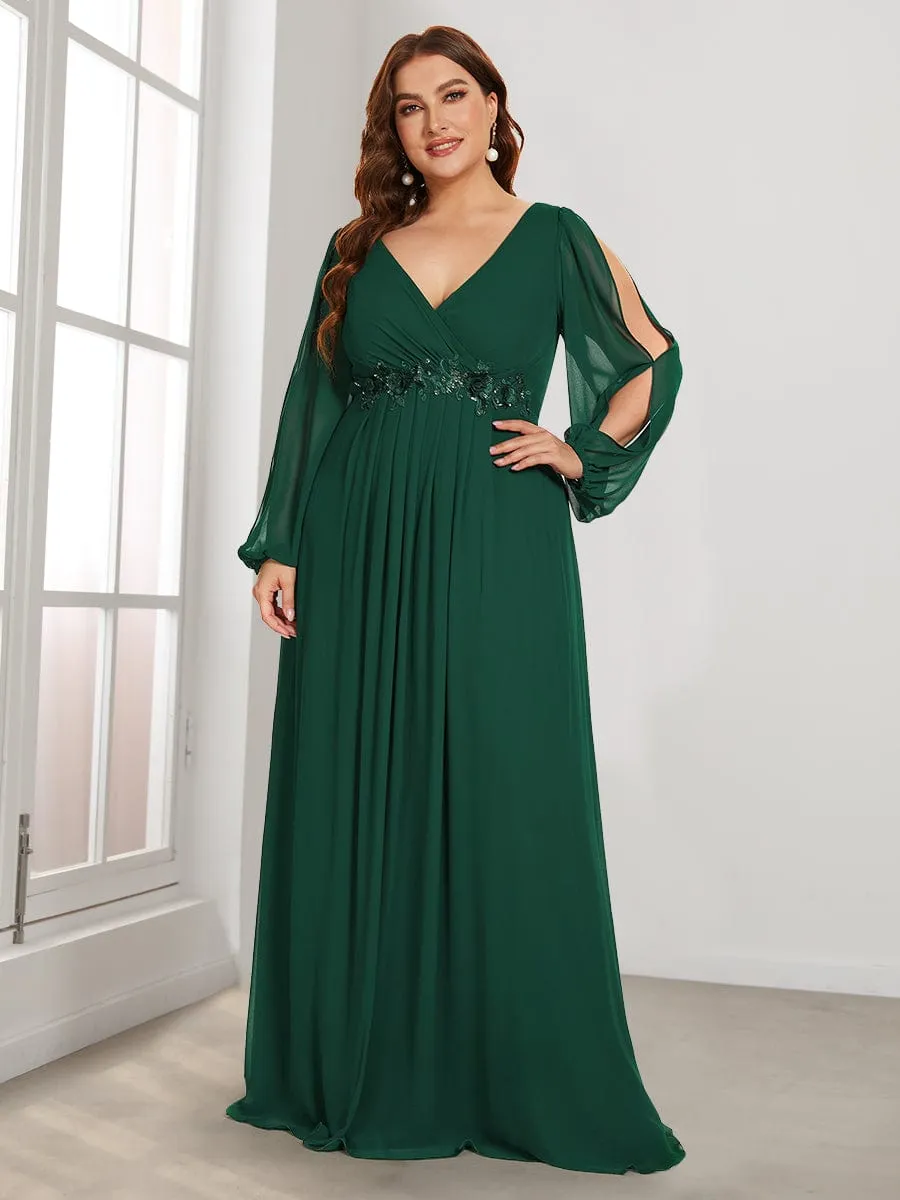 Stylish Plus Size Chiffon Formal Evening Dresses with Long Lantern Sleeves