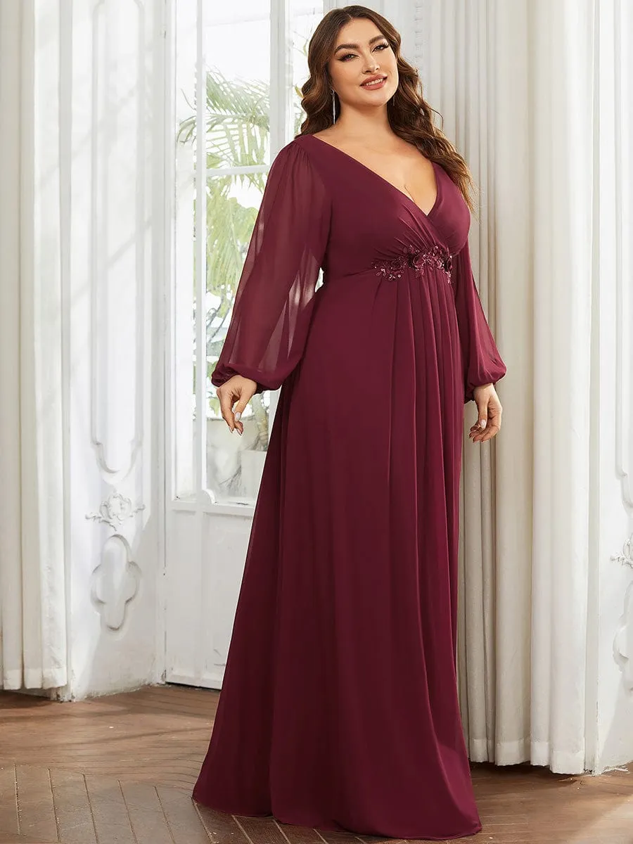 Stylish Plus Size Chiffon Formal Evening Dresses with Long Lantern Sleeves