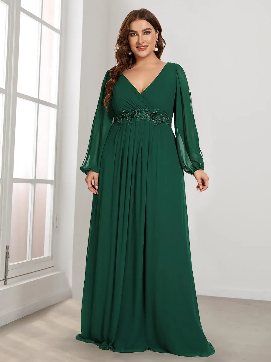 Stylish Plus Size Chiffon Formal Evening Dresses with Long Lantern Sleeves