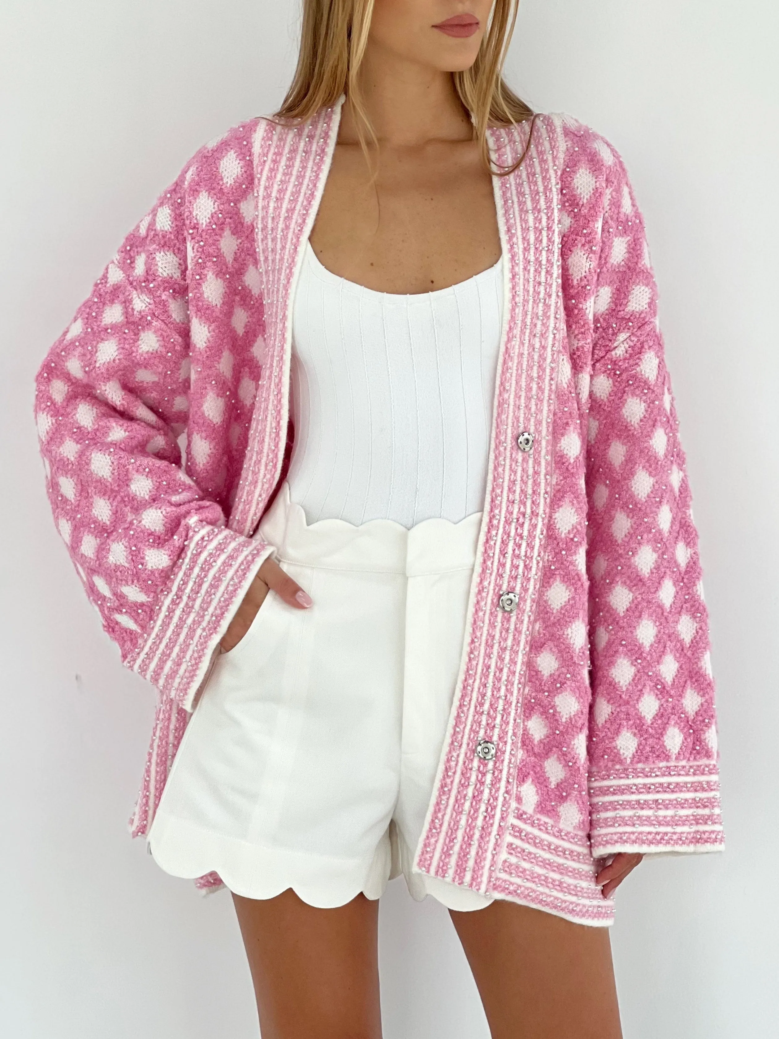 Tarryn Premium Pearl Trim Cardigan | Pink & White