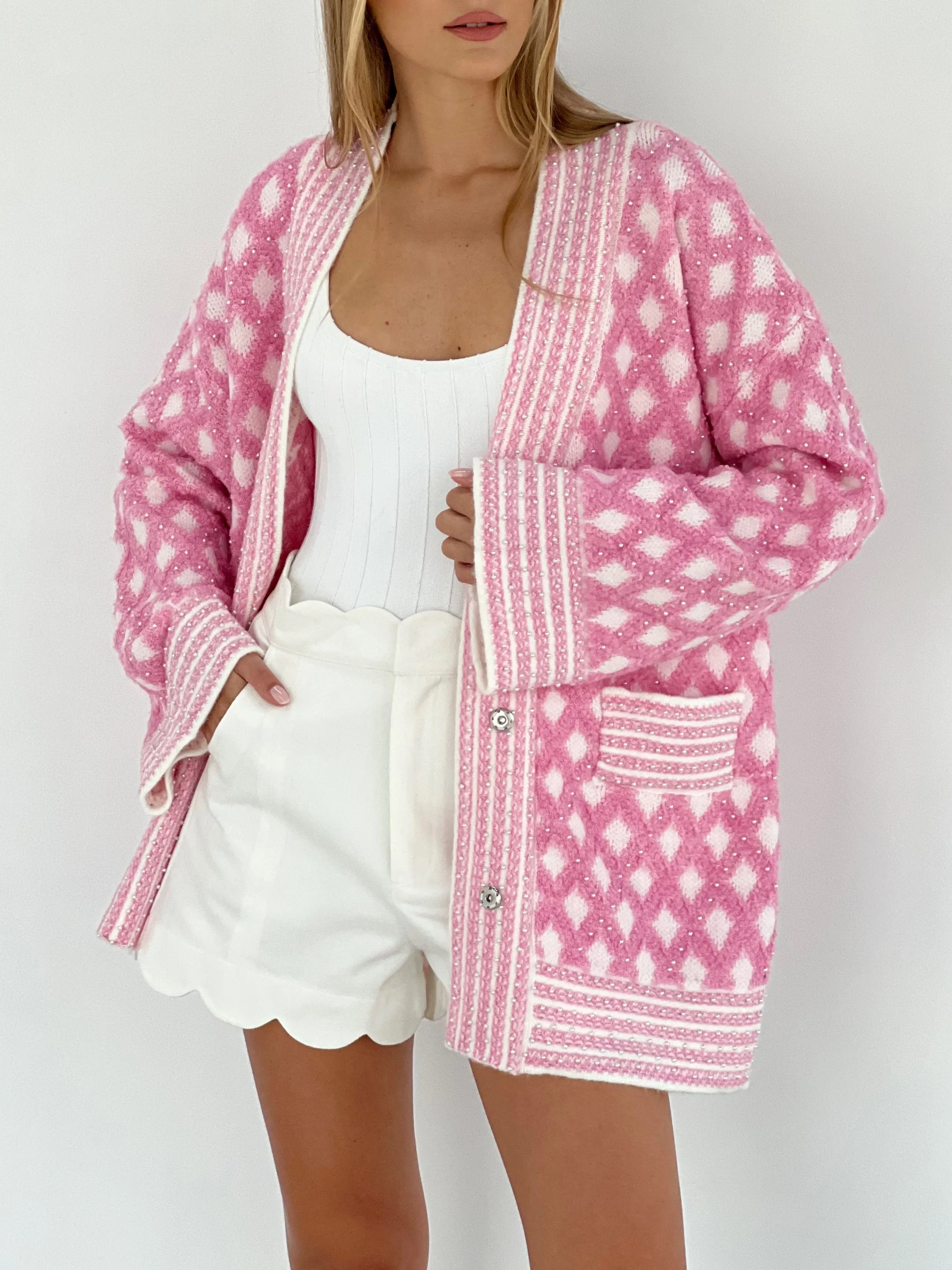 Tarryn Premium Pearl Trim Cardigan | Pink & White