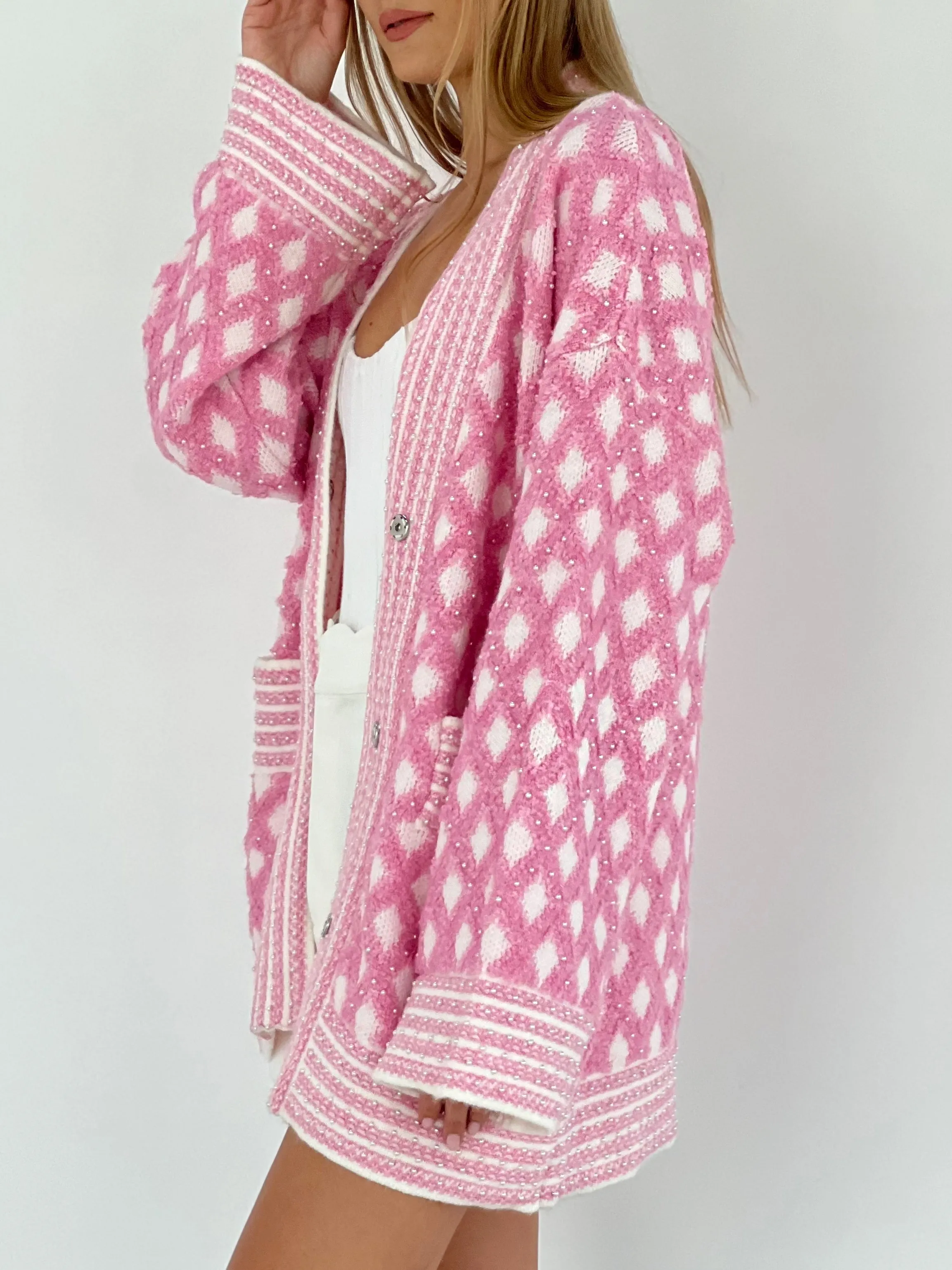 Tarryn Premium Pearl Trim Cardigan | Pink & White