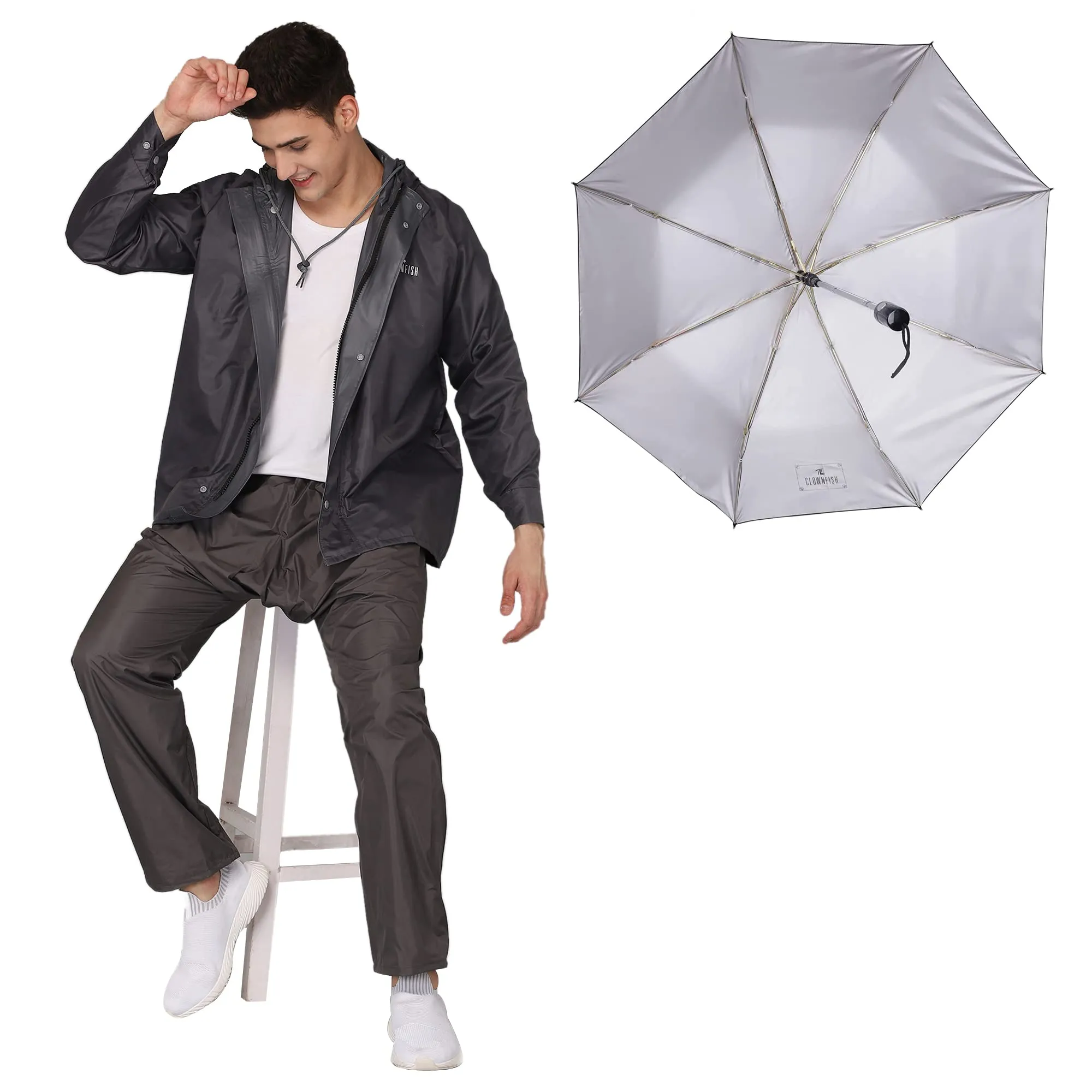 THE CLOWNFISH Combo Of Rain Coat for Men Waterproof Polyester (Grey L) Umbrella Savior Series 3 Fold Waterproof Polyester (Black)