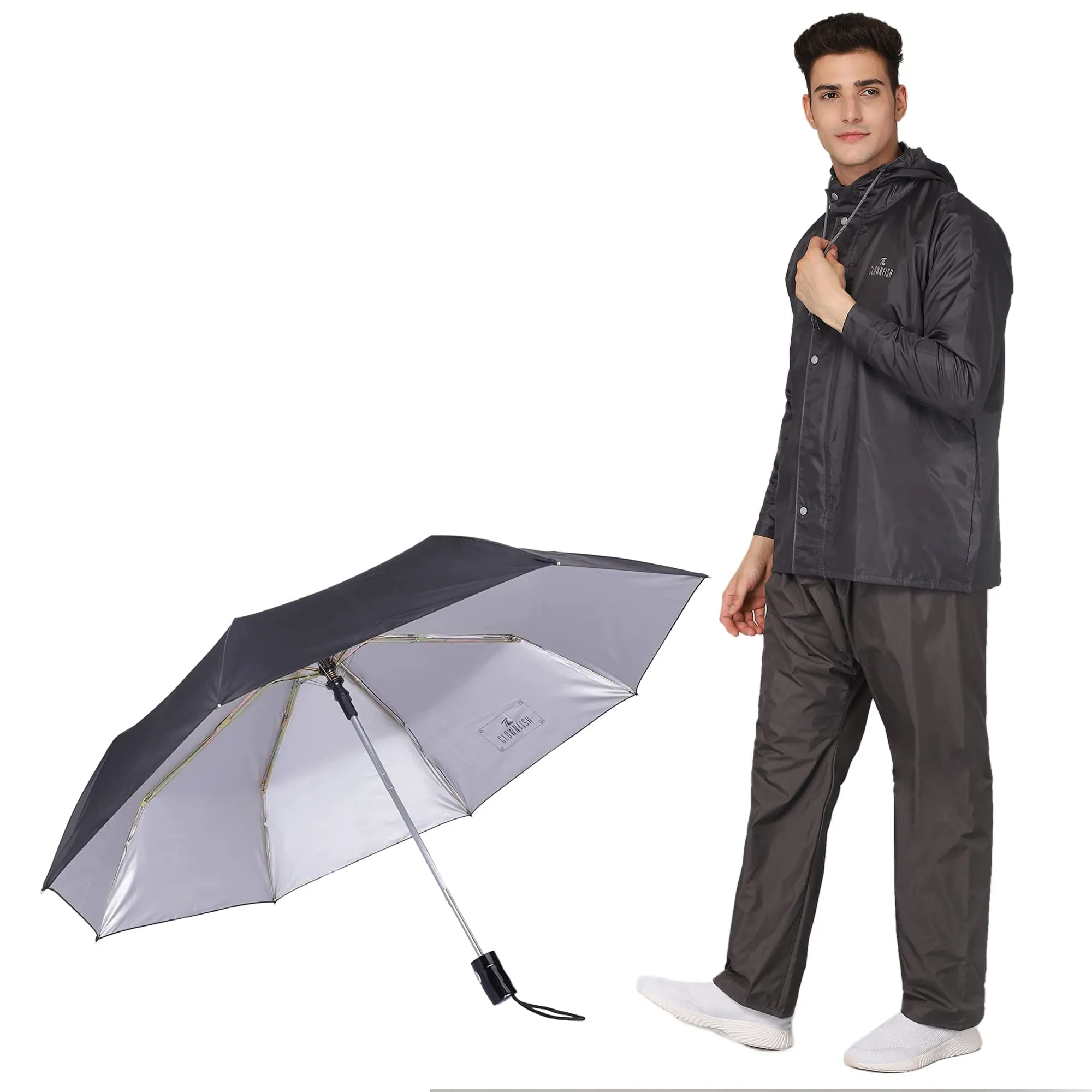 THE CLOWNFISH Combo Of Rain Coat for Men Waterproof Polyester (Grey L) Umbrella Savior Series 3 Fold Waterproof Polyester (Black)