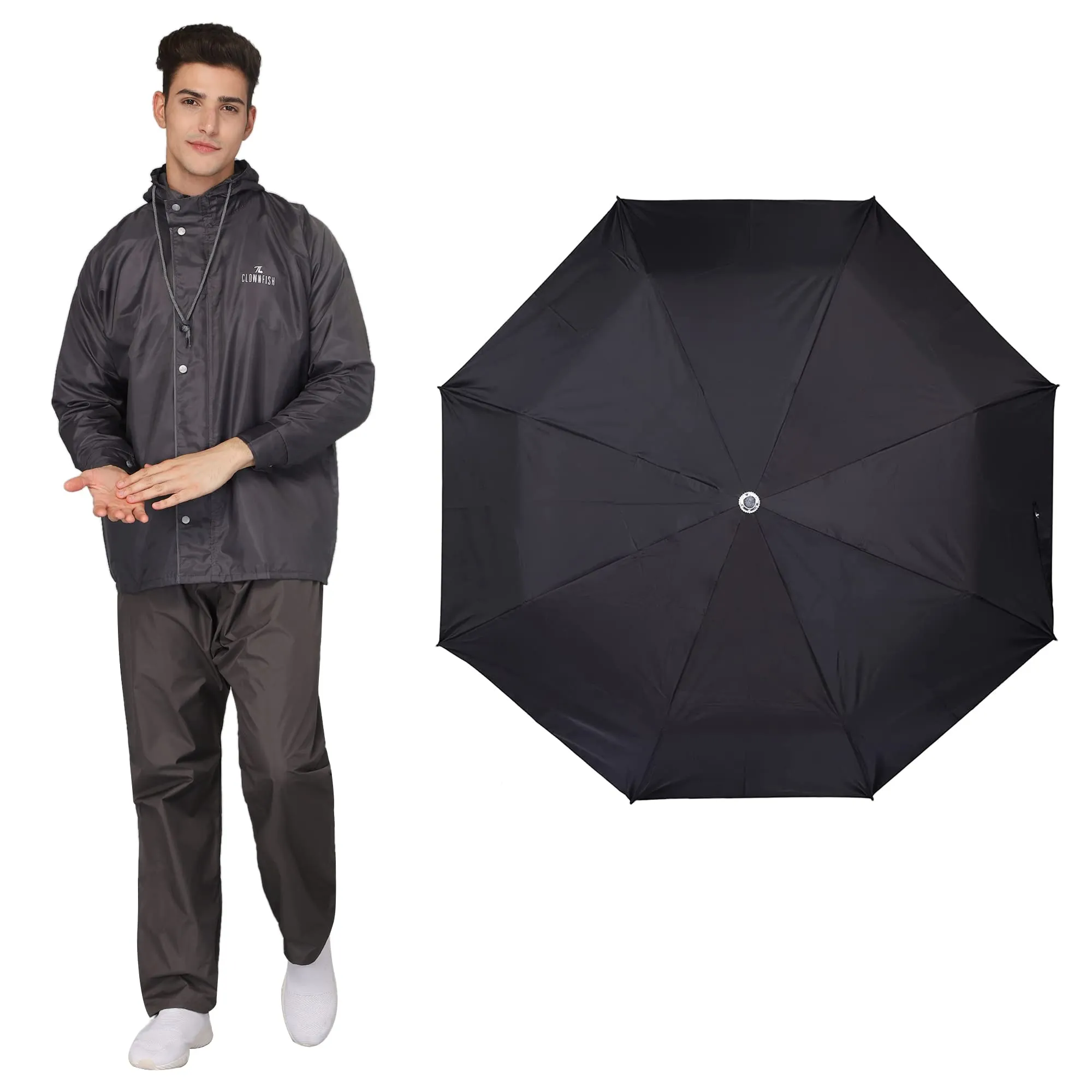 THE CLOWNFISH Combo Of Rain Coat for Men Waterproof Polyester (Grey L) Umbrella Savior Series 3 Fold Waterproof Polyester (Black)