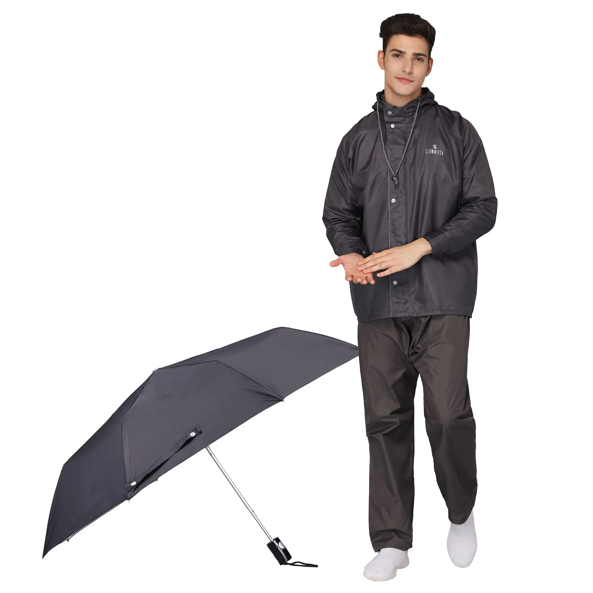 THE CLOWNFISH Combo Of Rain Coat for Men Waterproof Polyester (Grey L) Umbrella Savior Series 3 Fold Waterproof Polyester (Black)