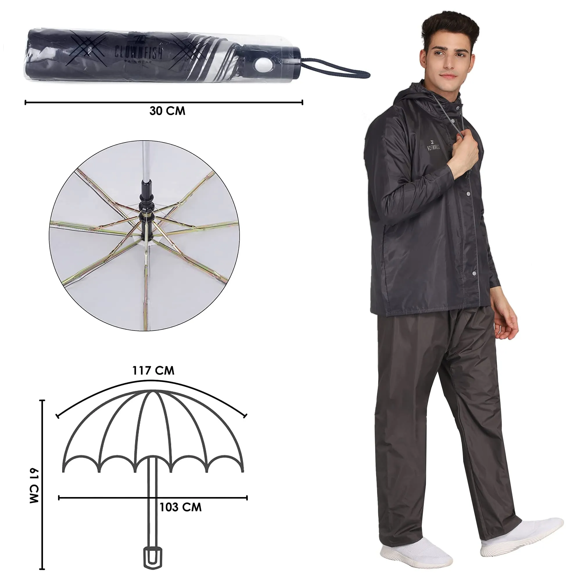 THE CLOWNFISH Combo Of Rain Coat for Men Waterproof Polyester (Grey L) Umbrella Savior Series 3 Fold Waterproof Polyester (Black)