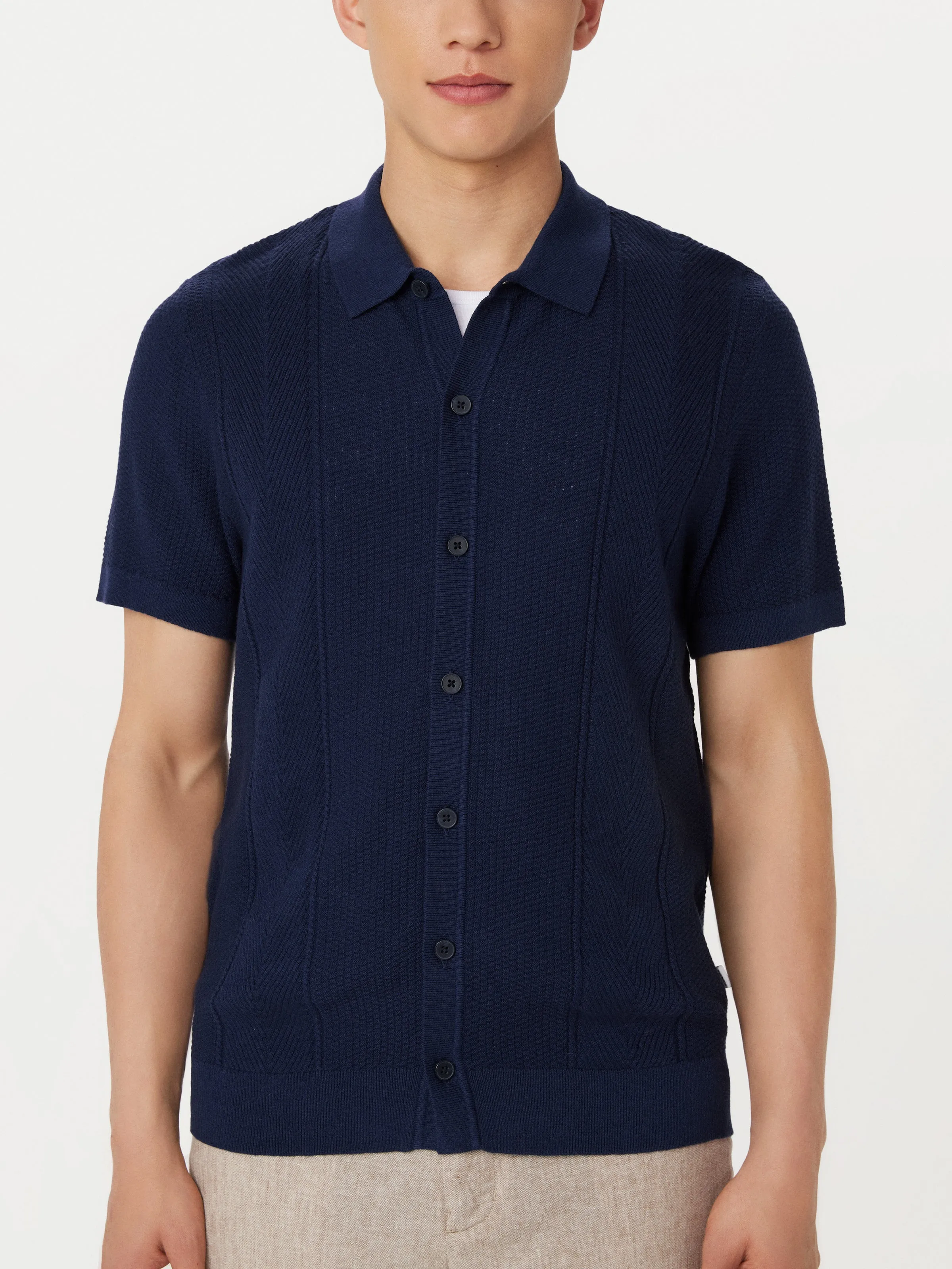 The Herringbone Button Up Polo in Blue