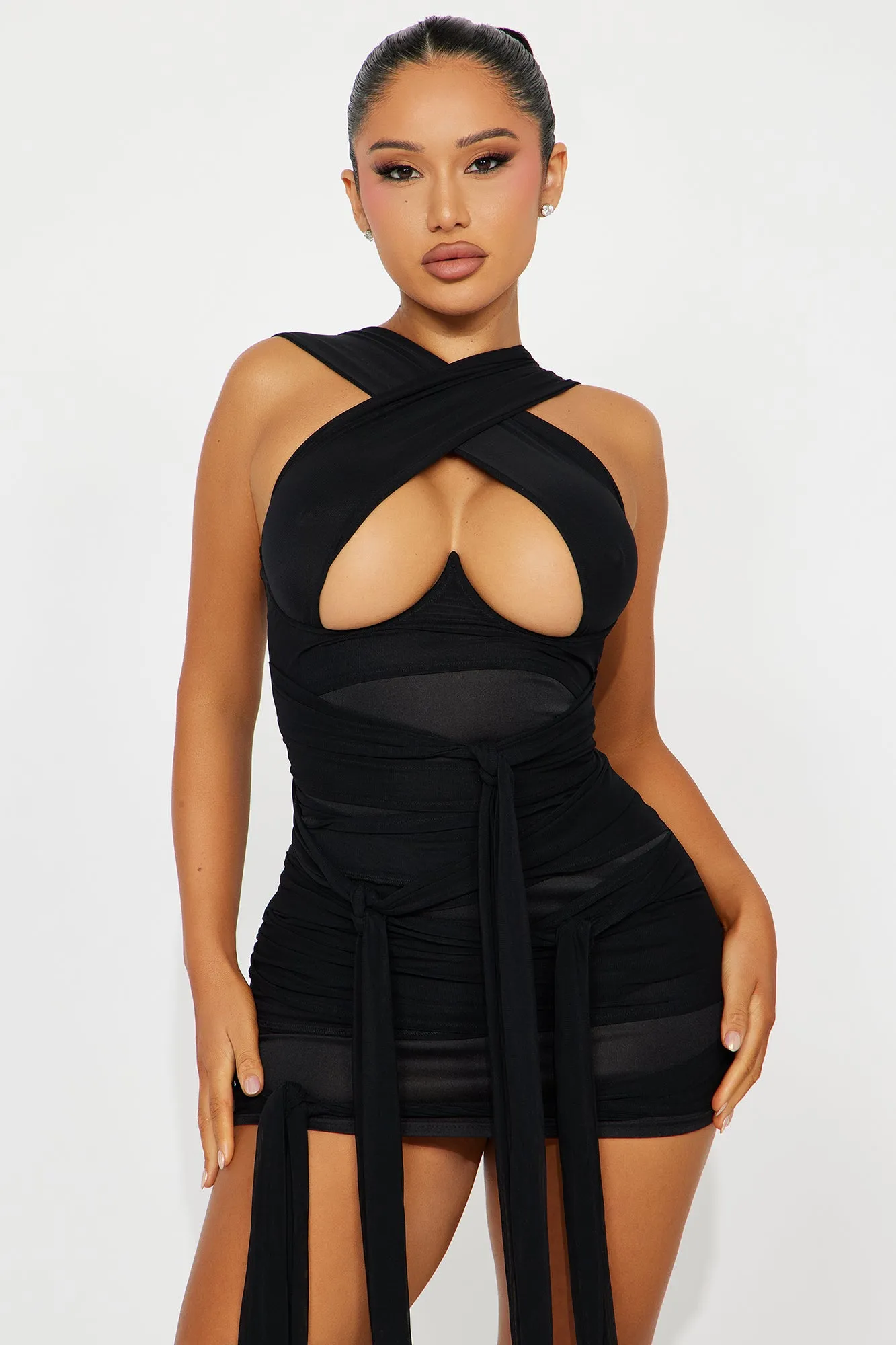 Tied To You Mesh Micro Mini Dress - Black