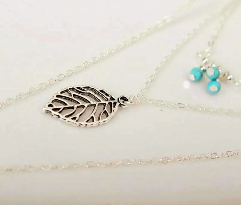 Turquoise Leaf Feather Multi Layer Necklace