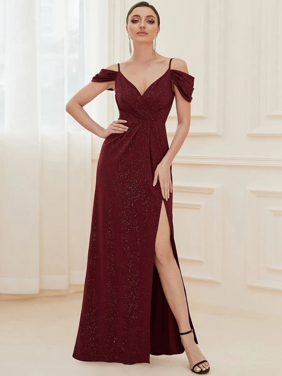 V-Neck Cold Shoulder Floor-Length Evening Dress