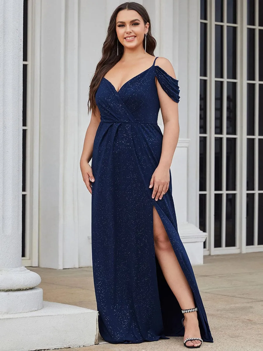 V-Neck Cold Shoulder Floor-Length Evening Dress