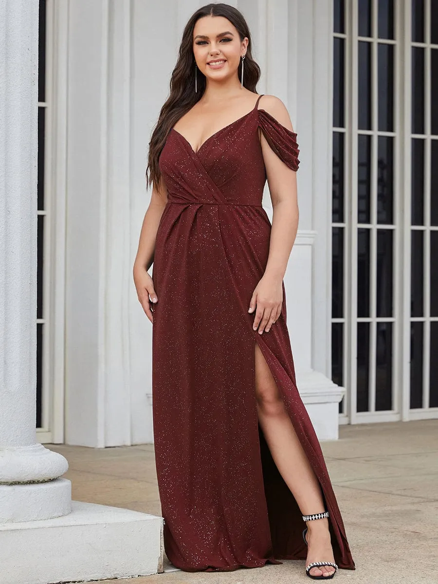 V-Neck Cold Shoulder Floor-Length Evening Dress