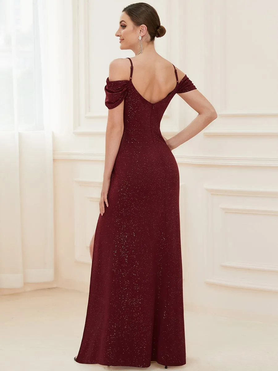 V-Neck Cold Shoulder Floor-Length Evening Dress