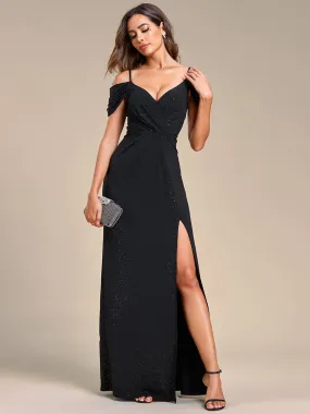 V-Neck Cold Shoulder Floor-Length Evening Dress