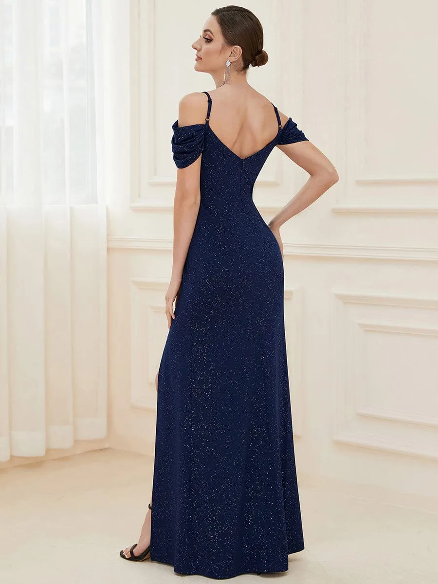 V-Neck Cold Shoulder Floor-Length Evening Dress