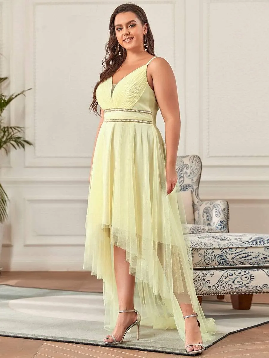 V Neck High-low Hem Pleated Tulle Prom Dress