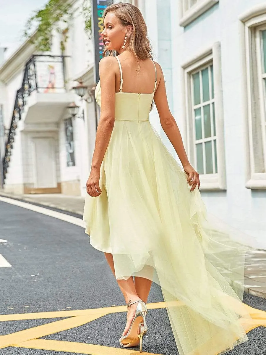 V Neck High-low Hem Pleated Tulle Prom Dress